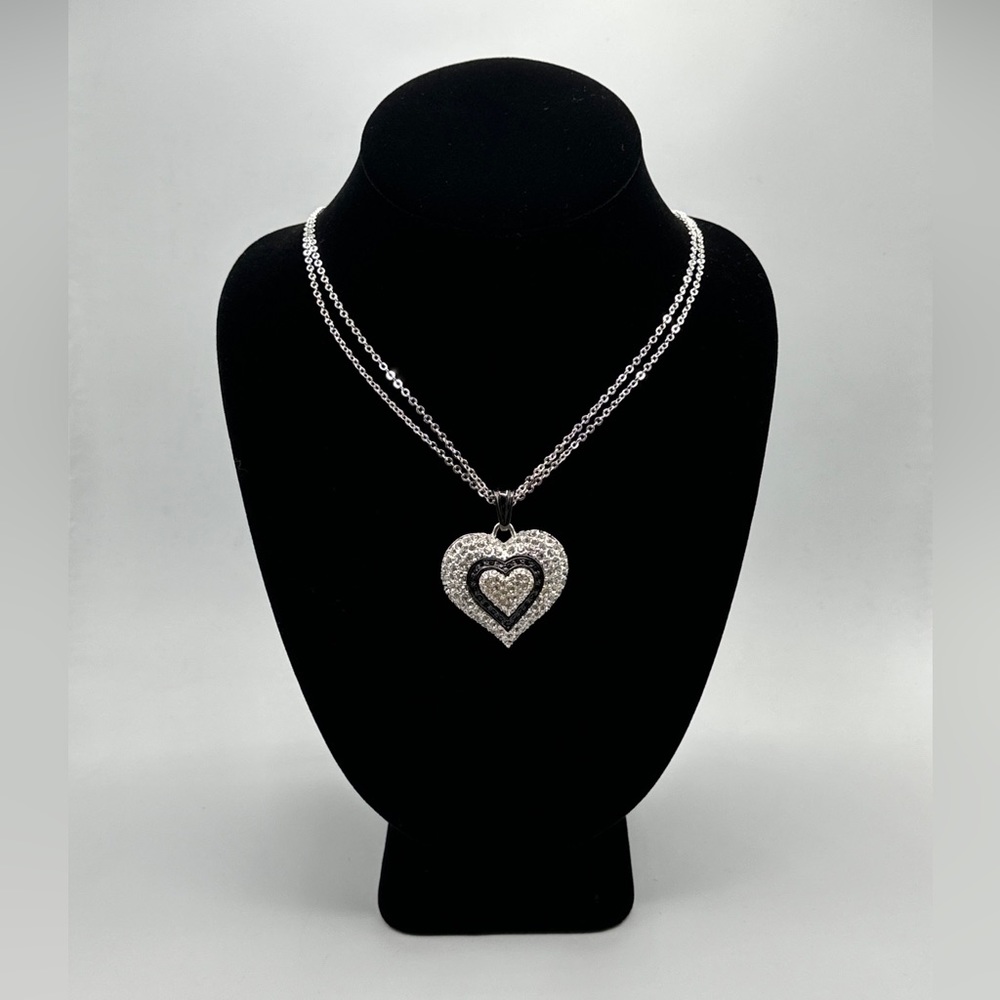 Napier Black Clear Ice‎ Rhinestone Heart Silver Necklace, Vintage 1996 #462